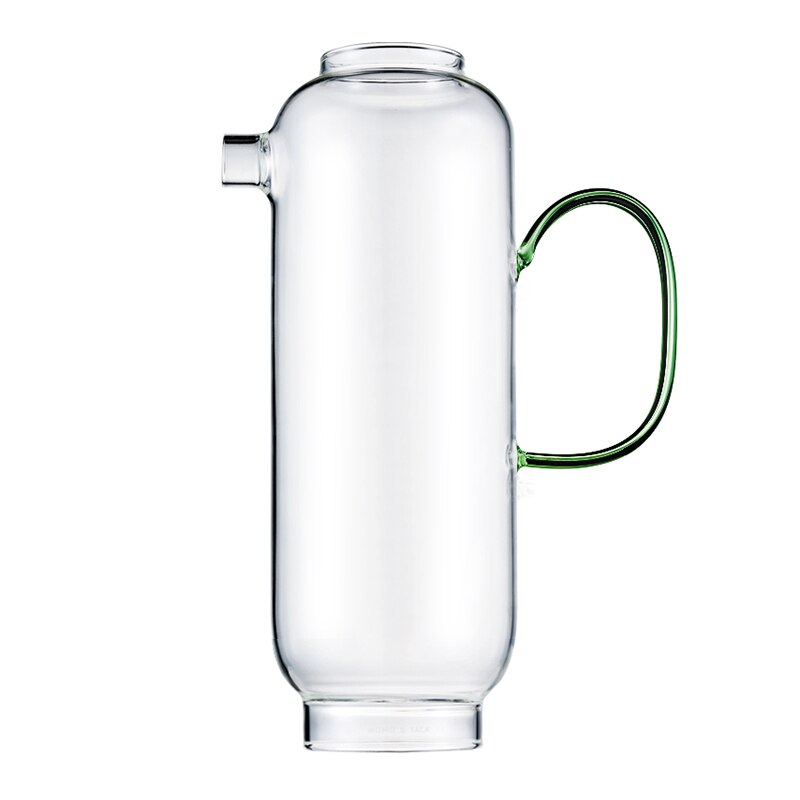 tall round clear glass pitcher with green handle