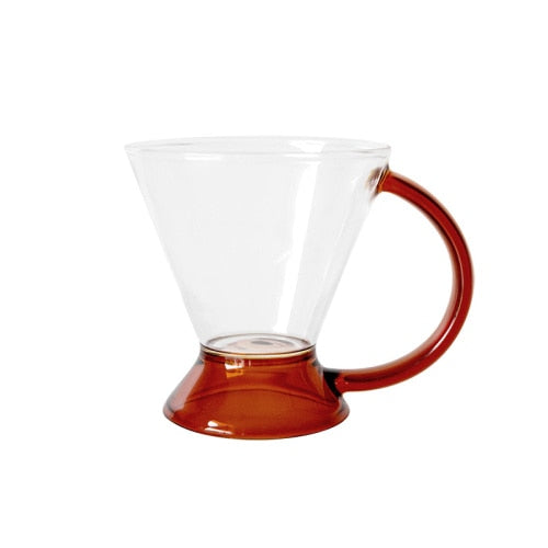 triangular clear borosilicate glass cup with amber thin handle