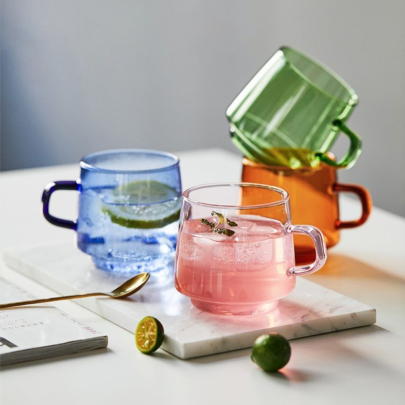 orange green blue pink glass tea cup 
