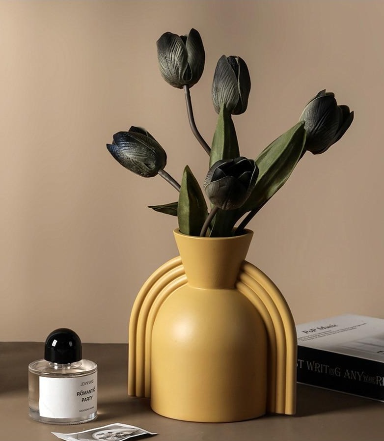 abstract half elongated dome with three stripes ceramic yellow  vase