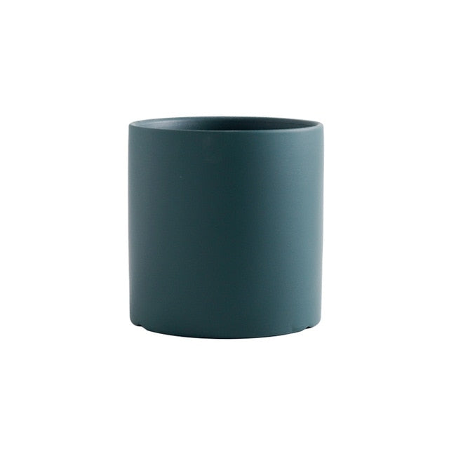 round cylindrical dark green ceramic flower pot