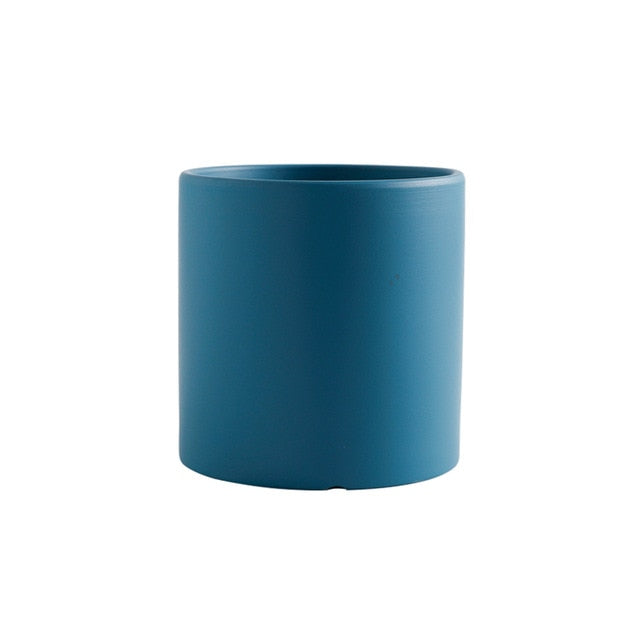 round cylindrical cerulean blue ceramic flower pot