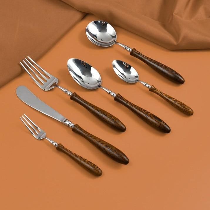 Stainless Steel Wood Spoon Knife Fork Set