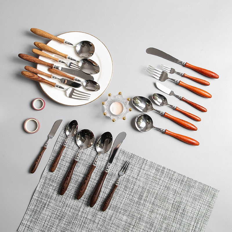 Stainless Steel Wood Spoon Knife Fork Set