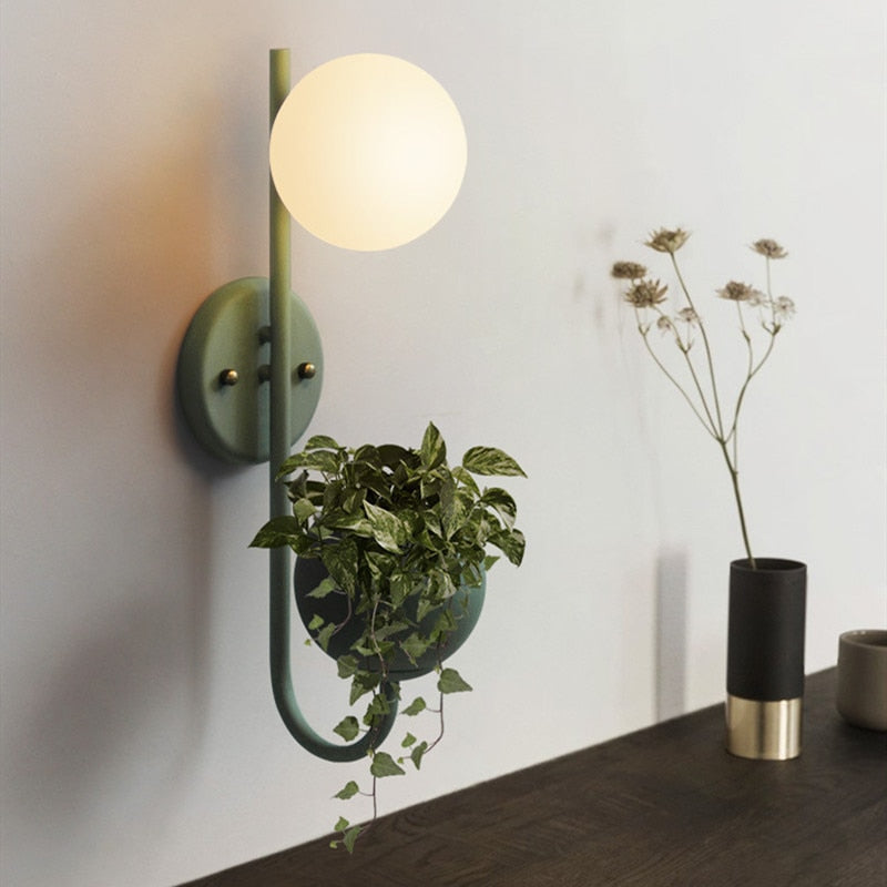 vertical abstract iron green frosted glass with plant container wall lamp