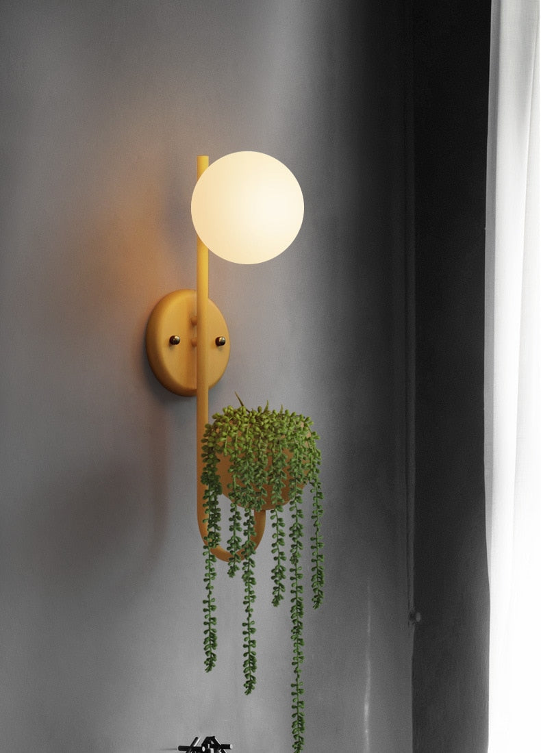 vertical abstract iron yellow frosted glass with plant container wall lamp
