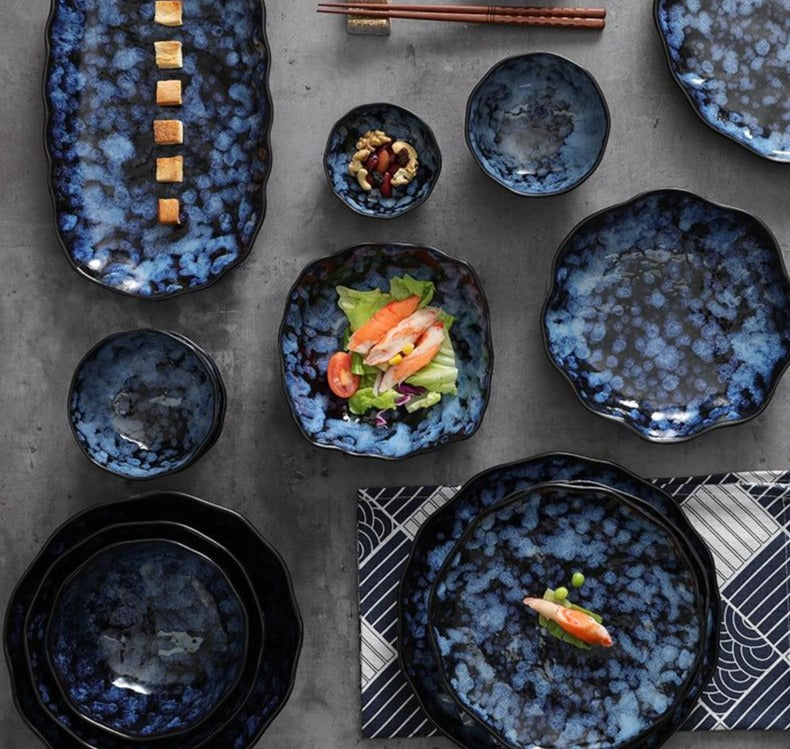 Round Indigo Blue Porcelain Small Large Deep Rice Noodle Big Sauce Fish Salad Bowl