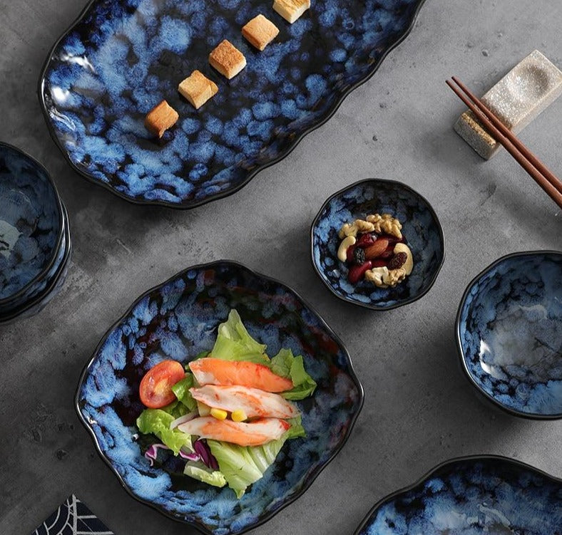 Round Indigo Blue Porcelain Fish Salad Sauce Plate