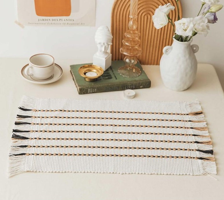 rectangle linen woven fabric beige vertical line twist patterns with tassel edges
