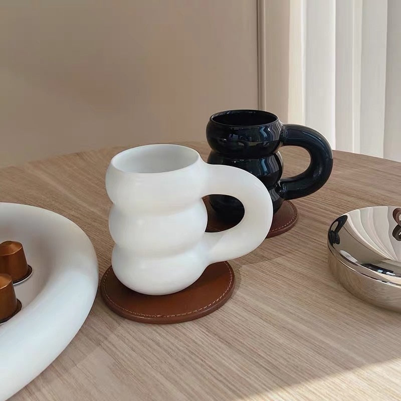 Round Ceramic White Black Big Handgrip Mug