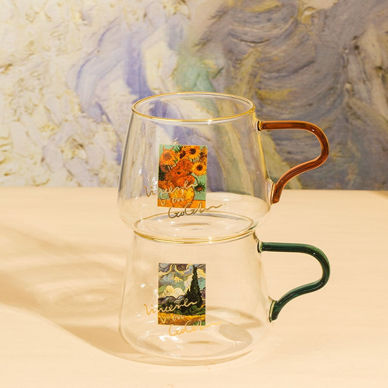 rounded clear glass van gogh-design mug with orange green handle