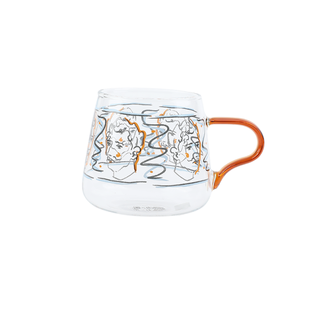 rounded clear glass van gogh-design mug with orange handle