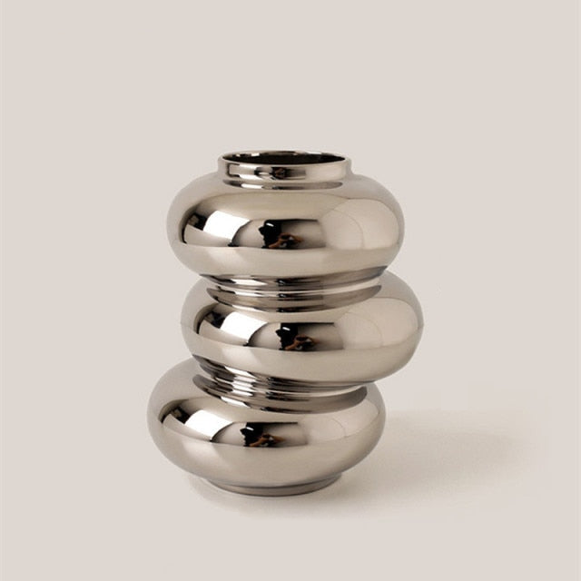 Silver Plated Metallic Ceramic Vase  Round Bubble Stacked
