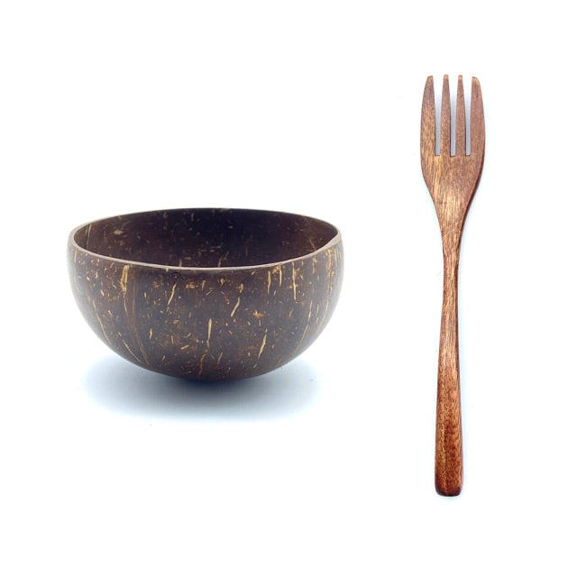 Round Brown Coconut Bowl Fork Set