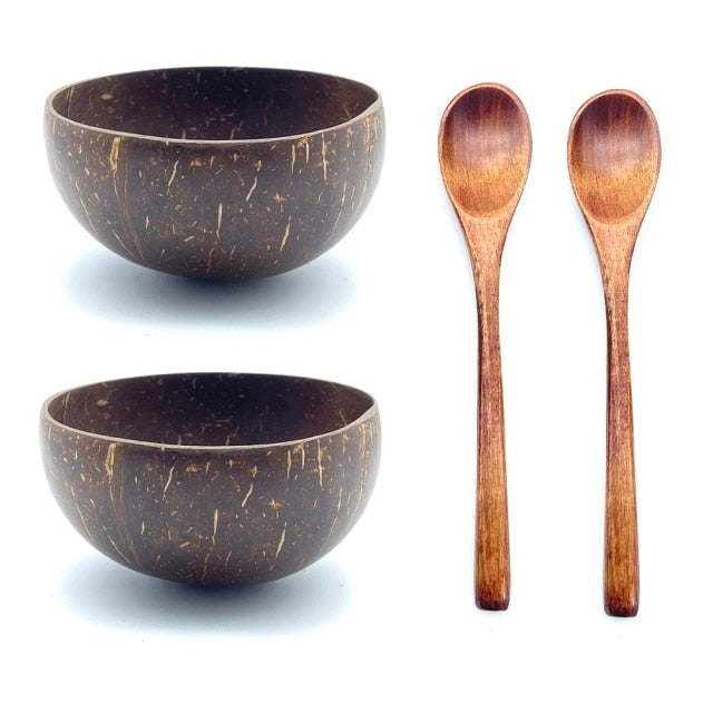 Round Brown Coconut Bowls Spoons Set