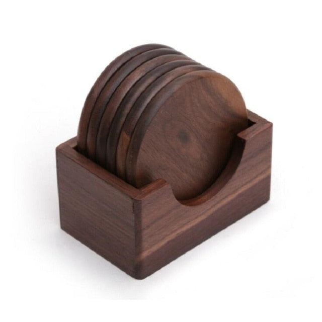 Round Dark Brown Wooden Coaster Set