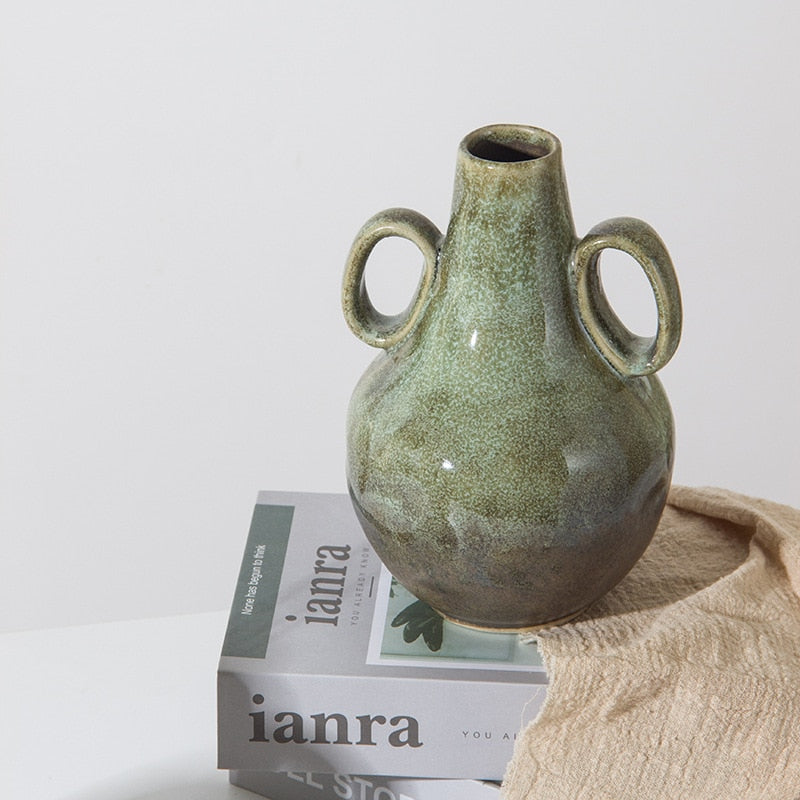 Bulbous Green Vintage Ceramic Binaural Flower Vase