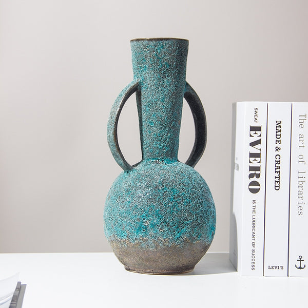 Bulbous Teal Gray Vintage Textured Ceramic Vase