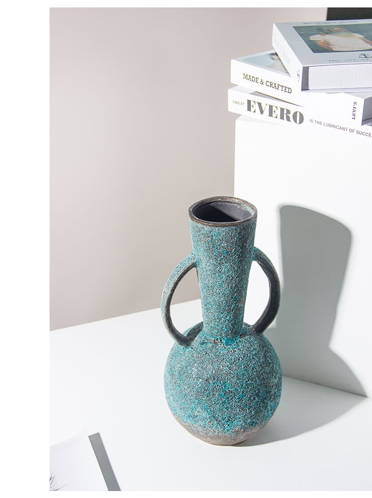 Bulbous Teal Gray Vintage Textured Ceramic Vase
