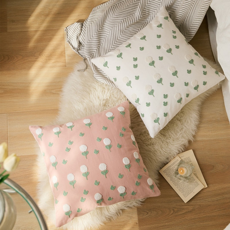Square Cotton Embroidered Floral Pattern Pillow Cover