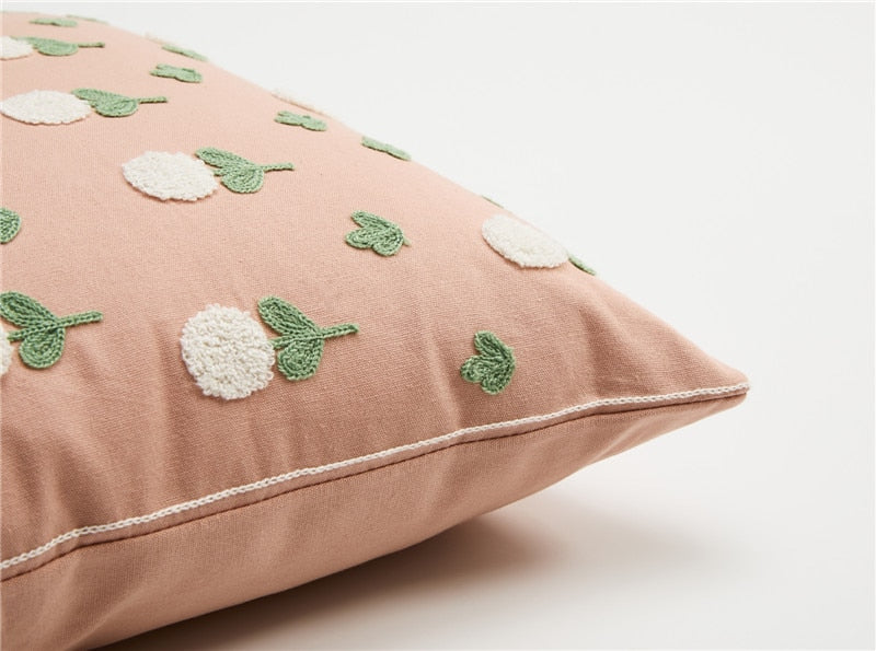Square Cotton Embroidered Floral Pattern Pillow Cover Pink