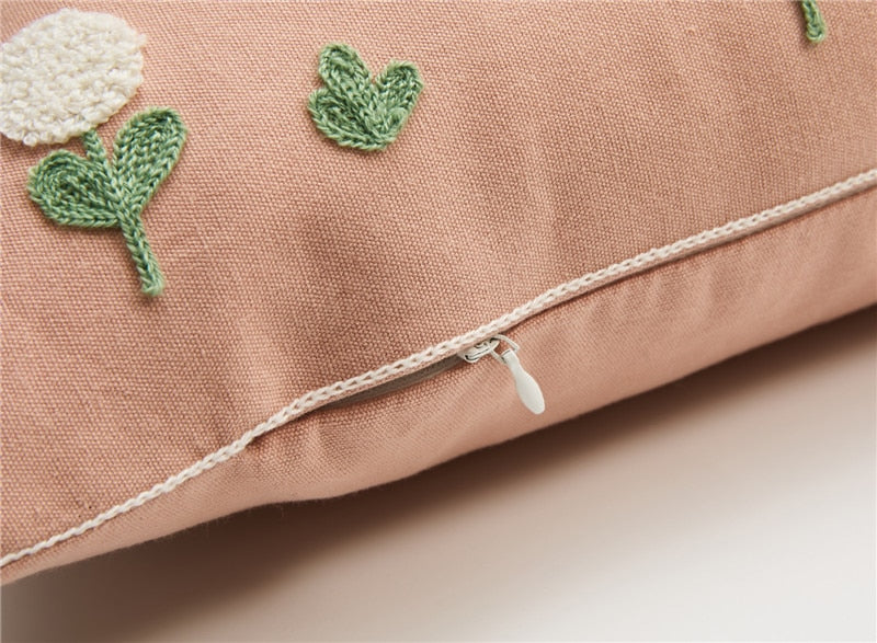 Square Cotton Embroidered Floral Pattern Pillow Cover Pink