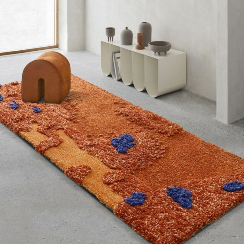 3d Handmade Wool rug Artisanal design hand dyed tufted rug Orange Cobalt Toffee design