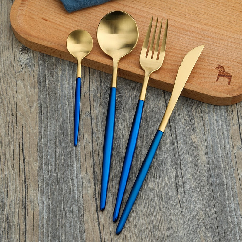 Blue & Gold Stainless Steel Flatware 24 Piece Set