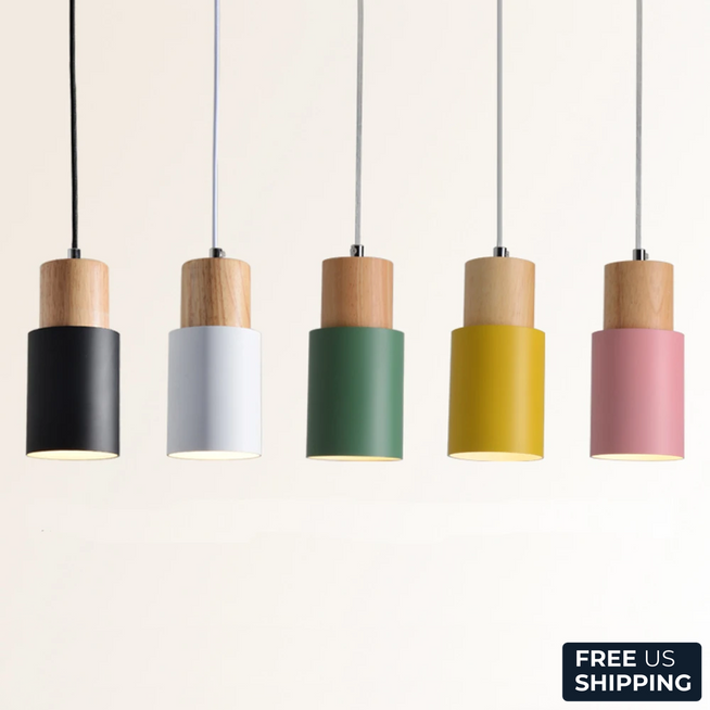 Retro Minimalist Pendant Light and Spotlight in Metal and Wood with LED light