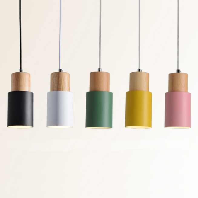 Retro Minimalist Pendant Light and Spotlight in Metal and Wood with LED light