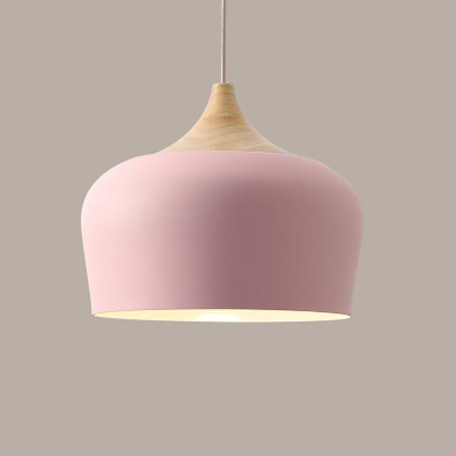 flat dome Aluminum lampshade with Wood detail pink pendant light