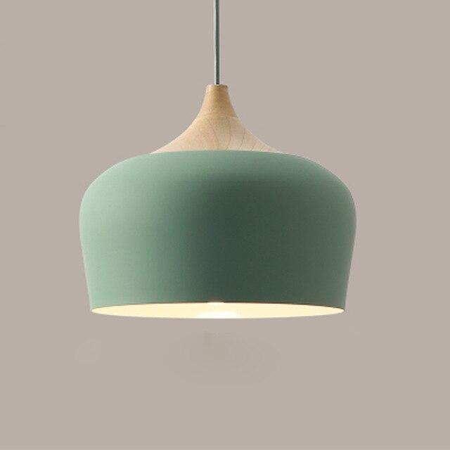 flat dome Aluminum lampshade with Wood detail green pendant light