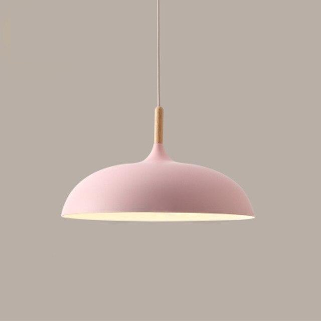 flat dome Aluminum lampshade with Wood detail pink pendant light