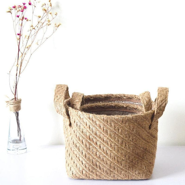 Weaved Hemp Storage Basket with Handles in Natural color
