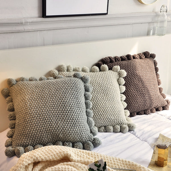 gray green brown cotton knitted cushion cover with pompom edges