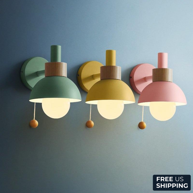 Colored Wood & Metal Globe Wall Sconce with Pull Cord