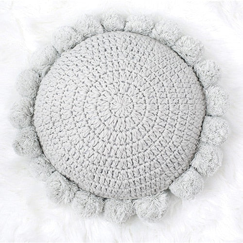round Hand Knitted Crochet pattern grey cotton pillow