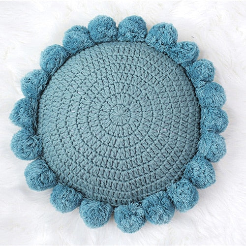 round Hand Knitted Crochet pattern blue cotton pillow