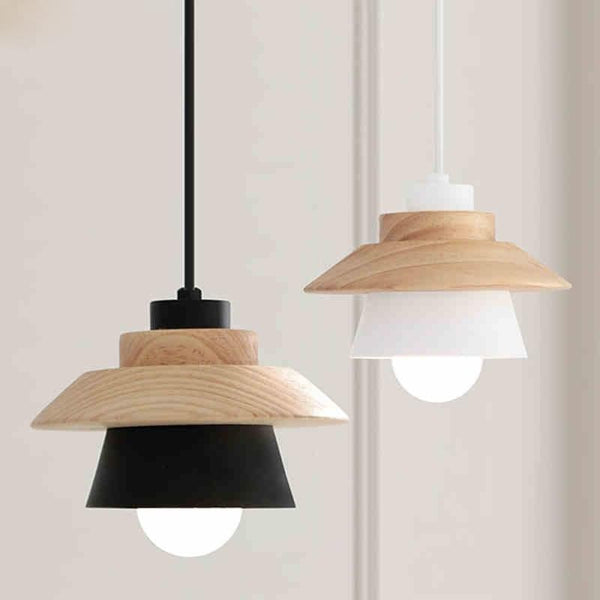 layered pendant led light with wood and metal 