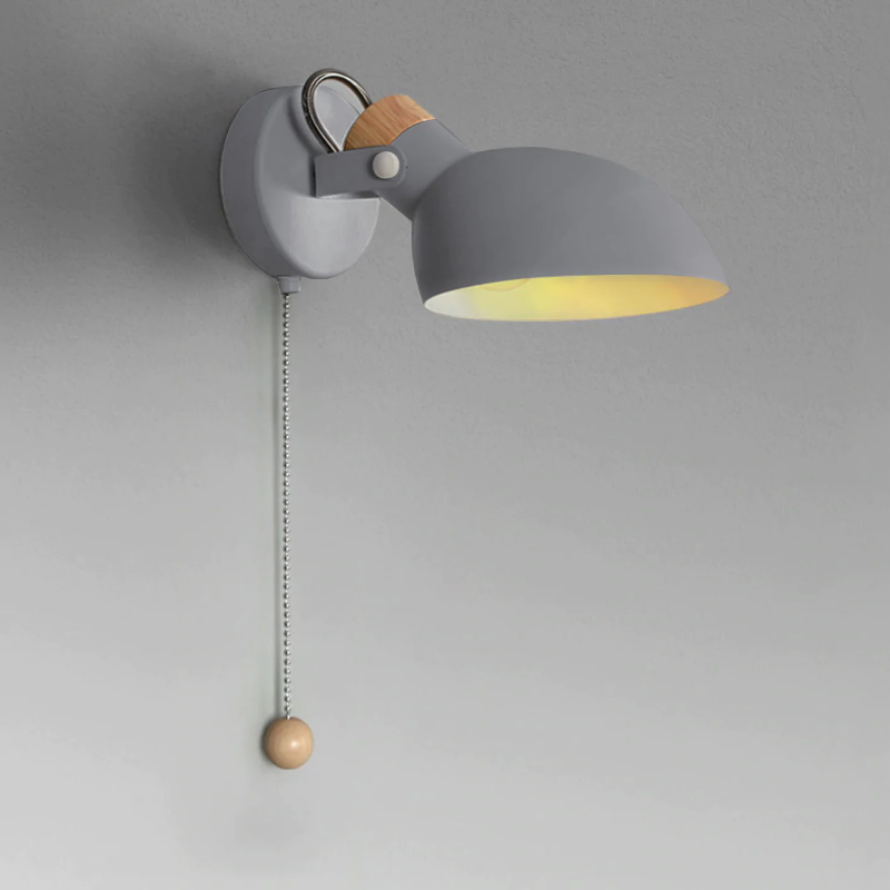 half sphere metal wood matte wall lamp with pull cord