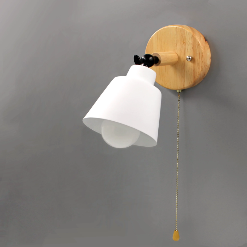 Rotating Cone Shape Wall Sconce in Wood and Metal white with pull chain switch