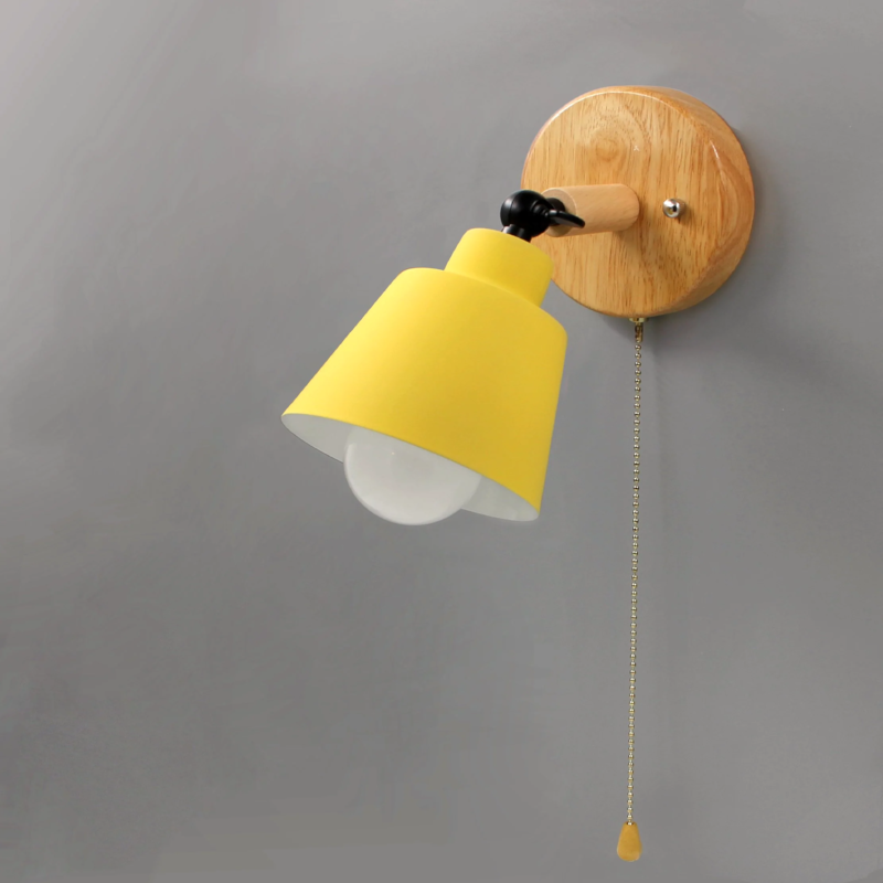 Rotating Cone Shape Wall Sconce in Wood and Metal yellow with pull chain switch